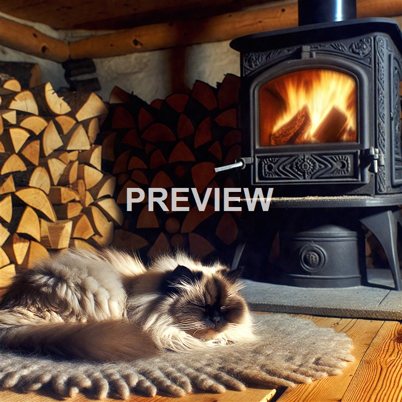 A fluffy cat is sleeping peacefully on a round rug in front of a wood-burning stove with fire, with neatly stacked logs of wood behind it in a cozy, rustic interior.